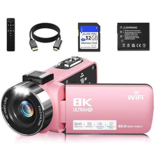 8K Camcorder Video Camera 80MP WiFi Pink Cam Corder for YouTube Vlogging