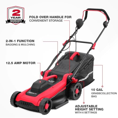 Image of PowerSmart Corded Electric Lawn Mower, 14 Inch, 12.5 Amp, Ergonomic Handle | Large Capacity Grass Catcher, Reliable Motor, 6-Position Height Adjustment, 2-in-1 Mulch & Bag