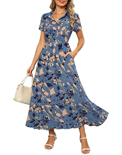 Kranda Summer Dress 2026 Spring Collared V Neck Short Sleeve Button Down Casual Chiffon Long Beach Boho Dusty Blue Leaf Floral Maxi Dress with Pockets,Large