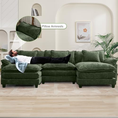 Oprisen 120" Modular Sectional Sofa, Comfy Cloud Couch Sectional Sofa with Ottoman, Chenille Sofa Sleeper Deep Seat Sofa with Throw Pillows for Living Room (Green, 120"- U Shape) - 4