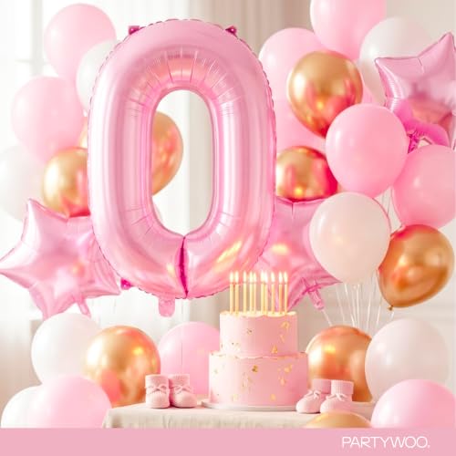 Image of PartyWoo Baby Pink Number 0 Balloon 40 Inch 25pcs Pink Foil Star White Gold