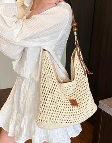 Straw Beach Bags for Women Crochet Tote Bag Slouchy Shoulder Purse with 2 Straps Soft Boho Woven Crossbody Bag Summer4