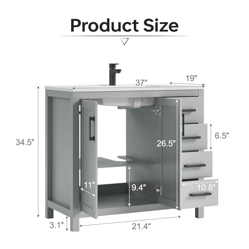 DELUXE LIVING 36 Inch Bathroom Vanity with Sink, Grey Single Sink Bathroom Vanity Modern Bathroom Sink Cabinet with Soft Close Doors & Drawers, 36 Inch Vanity with Sink, Adjustable Feet, Integral Top