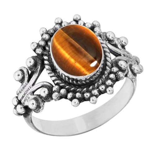 Jeweloporium Œil de Tigre Marron Bague Plaqué Argent Taille 51, Bague en Argent .925 pour Femme, Bijoux Bohème Véritable Pierre Précieuse Ovale