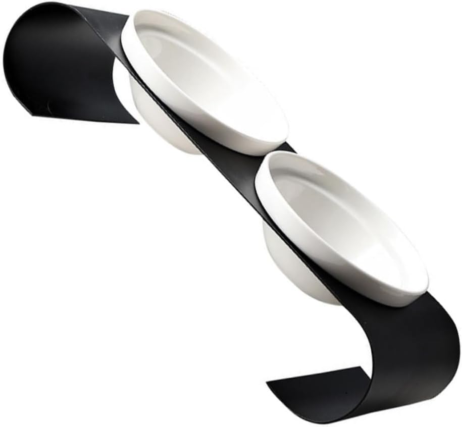 Elevated Cat Feeding Bowl with Iron Rack Double Ceramic Bowls for Cats and Dogs Easy to Clean Elevated Pet Dishes for Food and Water Black White