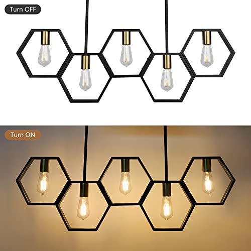 Acnktz 5-Light Dining Room Light Fixtures Over Table, Industrial Kitchen Island Lighting, Adjustable Height Hanging Rectangular Chandelier, Modern Pool Table Lights, Black/Gold Finish #TOP4
