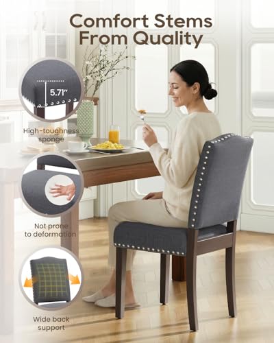 Image of Upholstered Dining Chairs Set of 2 with Thickened Seat Cushion, Wooden Mid-Century Modern Fabric Farmhouse Kitchen Chairs for Dining Room Living /Restaurant /Reading Room