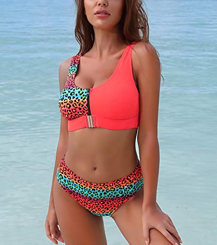 Mingnos Women's Metal Buckle Contrast Printing Sporty Two Pieces Bikini Swimsuit (Orange+Leopard Print+Zipper, L) #TOP2