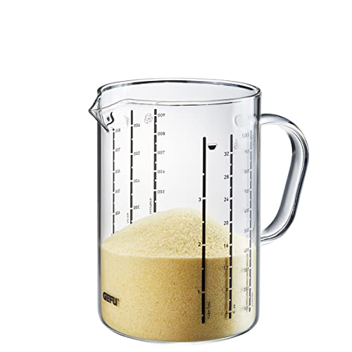 GEFU Messbecher METI 1000 ml | Borosilikatglas mit Mehrfachskalierung für ml, fl. oz, cups & Zutaten, mikrowellengeeignet, mit Ausgießer