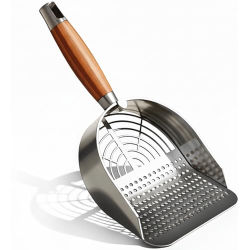 DHXYZZB Cat Litter Scoop 304 Stainless Steel Litter Shovel, Heavy Duty Litter Sifter, Litter Scooper with Wooden Handle Dual Sifting Design Perfect for Cat Litter Box Cleaning
