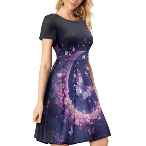 Image of HUGS IDEA Womens Puffy Swing Midi Dress Round Neck Short Sleeve Party A-Line Dresses