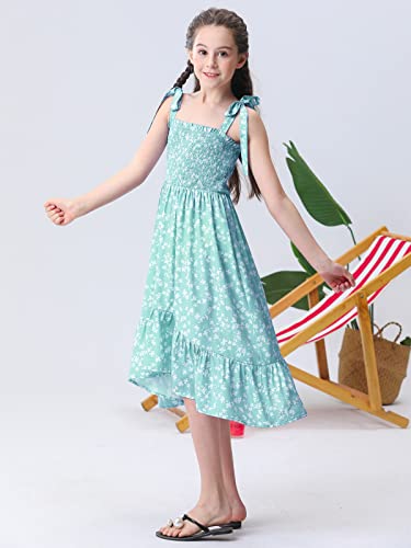 Pupubay Girl's Summer Kids Cute Boho Tie Shoulder Sleeveless Beach Casual Floral Ruffle Midi Sun Dress, Green, 7-8 Years #TOP3
