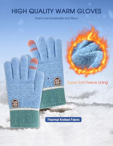 ORVINNER Kids Winter Gloves for Boys Girls, 3 Pairs Children Warm Wool Lined Gloves Toddler Thermal Knitted Mittens 4-12 Years, Pink/Light-blue/Purple (Crown Style) - Thumbnail 2