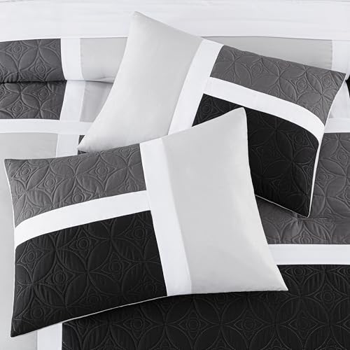 Chezmoi Collection Upland 7-Piece Quilted Patchwork Comforter Set, Black/Gray/Light Gray, Oversized King by Chezmoi Collection - Used condition - Image 6