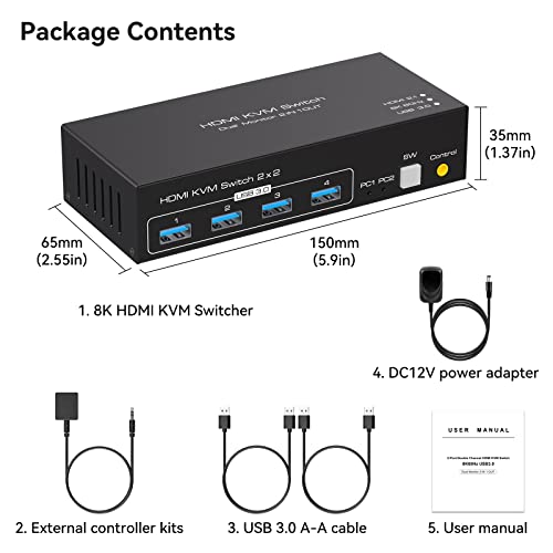 Switch KVM HDMI Dual Monitor 8K60Hz - 2 PC, 2 Monitor, USB 3.0, Supporto 4K120Hz, Controllo 2 Computer Con 1 Tastiera/Mouse, Include Cavi - Foto 2