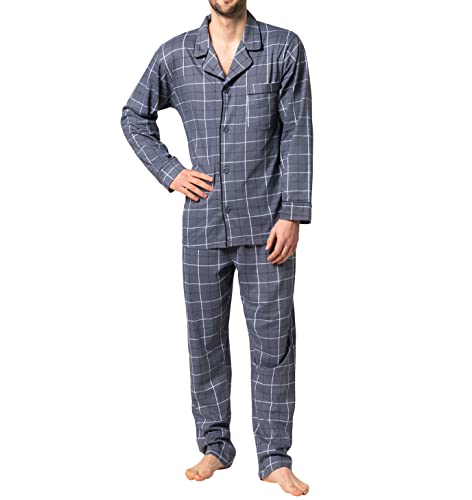 Hanes Men's Pajamas Cotton X-Temp Long Sleeve Shirt & Pants Knit Pjs Lounge Set - Grey Grid (Medium)