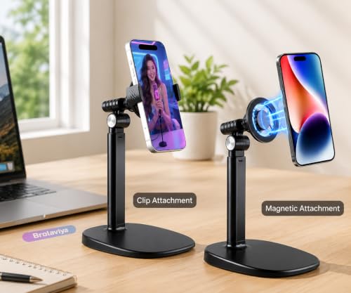 Image of BROLAVIYA 2-in-1 Magnetic & Clip Phone Stand for Desk, Adjustable Height Mobile Holder, MagSafe-Compatible Mount with Phone Clamp, 360 Rotation for Live Streaming, Recording, Video Calls & Cooking