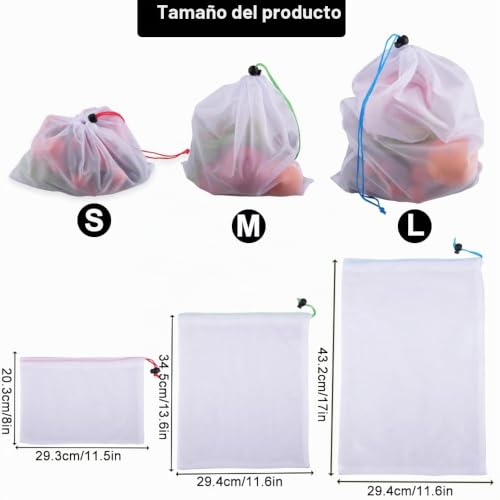 Miniatura 5 de Velicber 15 Piezas Bolsas De Frutas Y Verduras, Bolsas De Verduras Con Cordón, Bolsas De Malla Reutilizables, Lavable De Malla Para Frutas, Verdura, Juguetes, Comestibles, 3 Tamaño