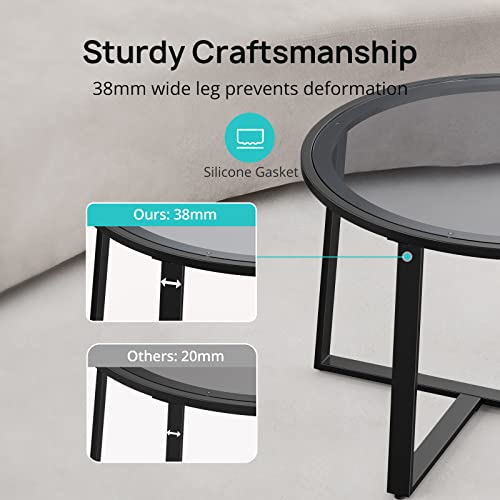 Evajoy Coffee Table, 27.6" Round Coffee Table With Tempered Glass Surface, Center Table For Living Room, Dining Room, Tea, Home Décor,Black #TOP1