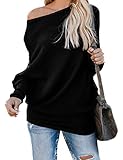 HZSONNE Womens Off The Shoulder Sweater Rib Knit Batwing Sleeve Tops Jumper Pullover (Black,...