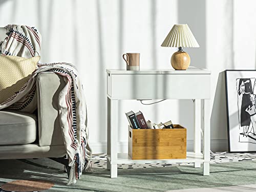 Labcosi Modern Farmhouse Side Table, Narrow End Table With Charging Station, Flip Top End Table With Storage Shelf #TOP1
