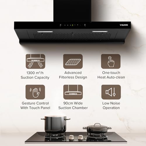 Image of V-Guard T20 90cm Chimney for Kitchen | 1300 m /h High Suction Capacity | Intelligent Auto Clean | Filterless Chimney | Motion with Touch Control