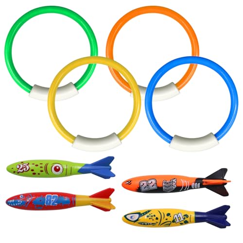 MIPIACE 8 pièces Anneau Piscine Enfant Enfants Torpille sous-Marine Ensemble Anneau de Plongée Piscine pour la Formation de Plongée Jeu sous-Marin Jouets de...