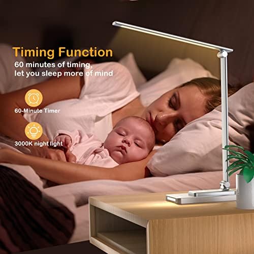 LED Desk Lamp with Wireless Charger, Eye Protection Desk Lamp with Night Light, 5 Light Modes x 5 Levels of Brightness, Touch Control, USB Charging Port, Auto Timing, Suitable for Office BedroomStudy