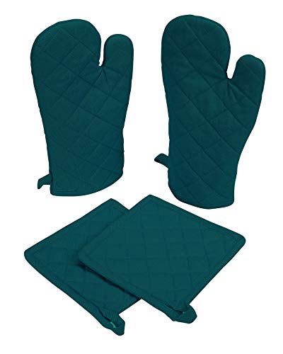 Native Fab Pot Holders And Oven Mitts Sets For Kitchen Heat Resistant - Hanging Non-Slip - 100% Cotton Kitchen Oven Mitts And Pot Holders 4-Piece Set - Teal #TOP9