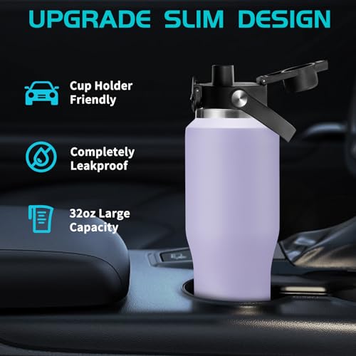 Image of Insulated Water Bottle 32oz with Strap, Water Bottle with Straw & Top Handle for Hot 24h & Cold 48h, Stainless Steel Leakproof Travel Flask, Purple Thermal Cup Fits in Cup Holder