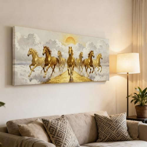 Image of SoulAbiti Vastu Seven Horses Running Golden Path Clouds Unframed 36x14 inches Rolled Canvas Wall Realism Art UV Print Painting for Living Room, Bedroom & Office Decor Premium Gloss Vivid Fade-Resistant Print