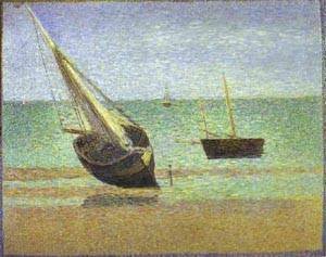 Peinture à l'huile Georges Seurat tableau impressionniste bateaux marée basse Grandcamp