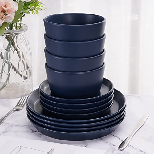 12 Piece Dinnerware Set, Stoneware Dish Set Service For 4, Kitchen Plates And Bowls Set,Blue Dinnerware Set #TOP5