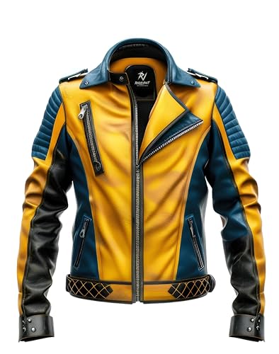 Mens yellow Black Blue Leather Jacket for Men asymmetrical zippers Biker Style Quilted Shoulders & Lapel Collar Cosplay (US Alpha Medium Regular Regular Yellow Black & Blue)