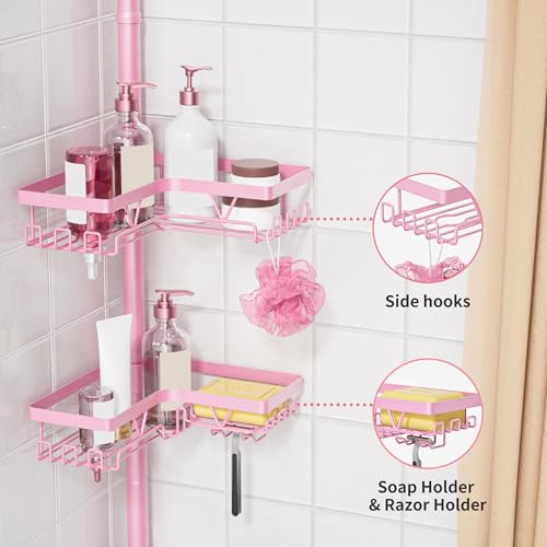 Image of KEGII Shower Caddy Tension Pole, 4-Tier Rustproof Adjustable Corner Bathroom Organizer for Renters, 25-114.2 Inch No Drill Space-Saving Shower Storage Rack, Pink