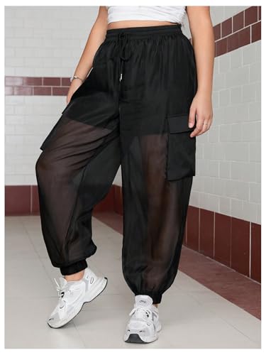 Floerns Women's Plus Size High Waist See Through Joggers Drawstring Casual Pants with Pocket4