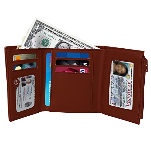 Sanlykate PU Leather Trifold Wallet for Men & Women, RFID Blocking Wallets with 6 Card Slot + 2 ID Window Slot + 1 Coin Zipper Pocket + 1 Note Compartment, Brown2