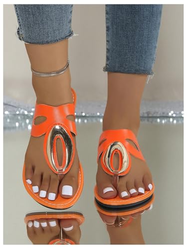 OYOANGLE Women's Metal Decor Leather Thong Sandals Open Toe Slip on Flat Sandal Casual Flip Flops2