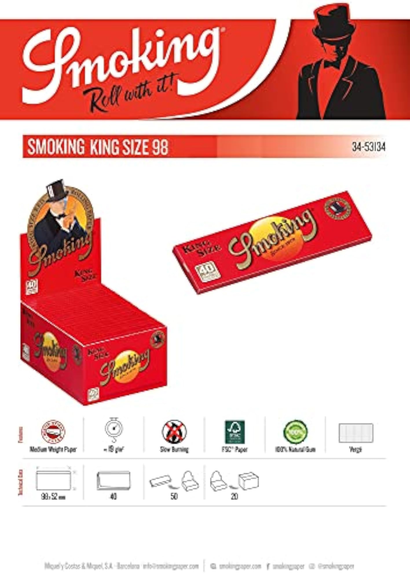 RED 98 (SUN) King Size Cigarette Rolling Paper Pack