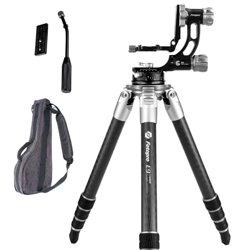 Image of Fotopro E9 Carbon Fiber Tripod with E-9H Gimbal Head, 64" Professional Camera Tripod Stand, 360° Pan & 180° Tilt, 30kg/66lbs Load, Leveling Base, Detachable Handle, Wildlife & Bird Photography