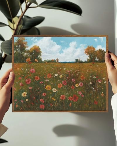 Image of KISSFOX Vintage Landscape Framed Wall Art Autumn Farmhouse Wildflower Field Canvas Art Natural Fall Countryside Paintings Artwork Rustic Art Prints For Bedroom Bathroom Living Room