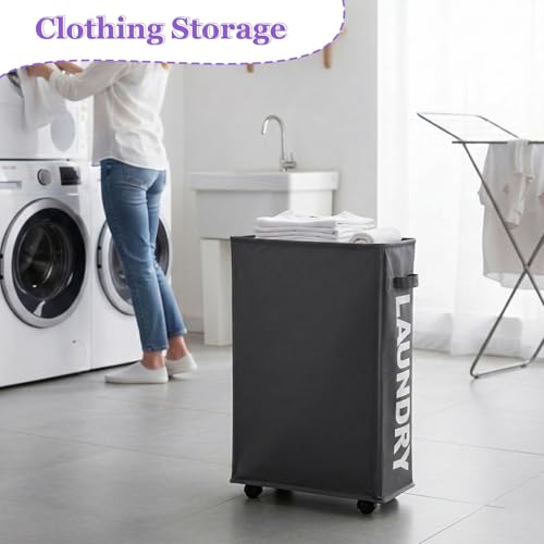 Image of 42L Narrow Rolling Laundry Basket, Slim Laundry Hamper with Wheels and Brake, Collapsible Skinny Laundry Cart for Dorm and Small Spaces, Dark Gray