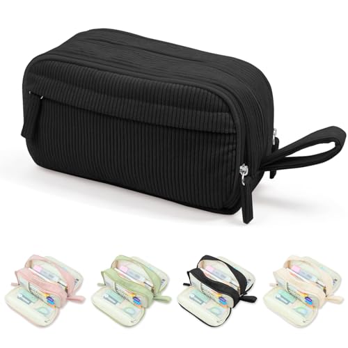 Boziee Federmäppchen Cord-Stoff Stiftetasche für Mädchen Teenager Große Kapazität Schulmäppchen mit 3 Fächern Pencil case für Schule und Büro (Schwarz)