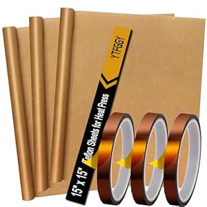 YTFGGY 3 Pack Teflon Sheets for Heat Press 15×15 and 3 Rolls Heat Transfer Tape 10mm Non Stick Transfer Sheet Heat Press Tape Set for Sublimation PTFE Teflon Sheet Heat Resistant