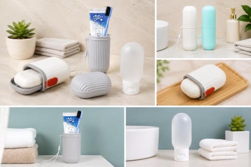 Image of iSTAR 3-in-1 Travel Toiletry Kit with Toothbrush Holder, Travel Soap Case & Refillable Silicone Travel Bottle - Portable Travel Bathroom Accessories Set, Leakproof, Lightweight (White)
