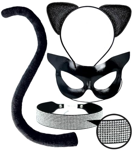 OLYPHAN Black Cat Costume Accessories Cat Woman Costume Glitter Masquerade Cat Mask Halloween Adult Cat Ears and Tail with Rhinestone Choker