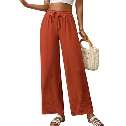 WOWULOVELY Womens Wide Leg Palazzo Pants Flowy Elastic Waist Tie Pant Casual Loose Solid Trousers