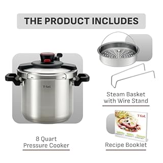 T-fal Clipso Stainless Steel Pressure Cooker, 8 Quart, Recipe Book, Steam Basket, Easy-Open Lid, Secure Locking System, Adjustable Pressure Valve, Induction Cookware, Pots and Pans, Kitchen, Silver