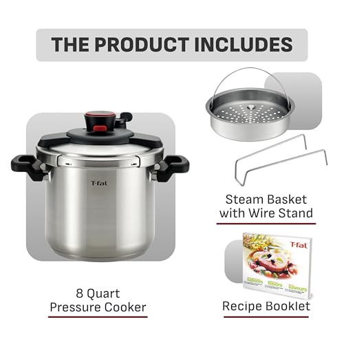 Image of T-fal Clipso Stainless Steel Pressure Cooker, 8 Quart, Recipe Book, Steam Basket, Easy-Open Lid, Secure Locking System, Adjustable Pressure Valve, Induction Cookware, Pots and Pans, Kitchen, Silver