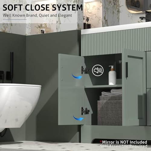 Image of eclife 60 inch Bathroom Vanities Sink Combo with Painted Surface, Modern Drawered Cabinet W /Decorative Wave Lines, Undermount Double White Sink, Matte Black Faucet Drain, Gray Green